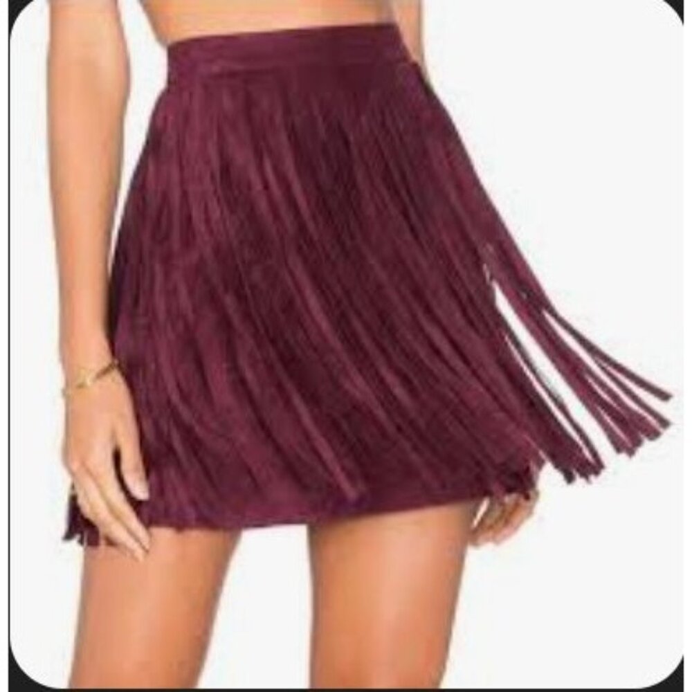 BB Dakota Barton Fringe Skirt Faux Suede Antelope Boysenberry Size 4 NWT